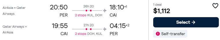 Click here to book this cheap flight deal. Cheap flights from Perth, Australia to Cairo, Egypt for only $1112 AUD roundtrip with Etihad Airways. Flight deal ticket image.
