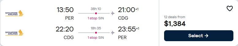 Cheap flights from Perth, Australia to Paris, France for only $1384 AUD roundtrip with Singapore Airlines. Flight deal ticket image.