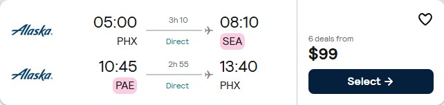 Click here to book this cheap flight deal. Non-stop flights from Phoenix, Arizona to Seattle for only $99 roundtrip with Alaska Airlines. Also works in reverse. Flight deal ticket image.