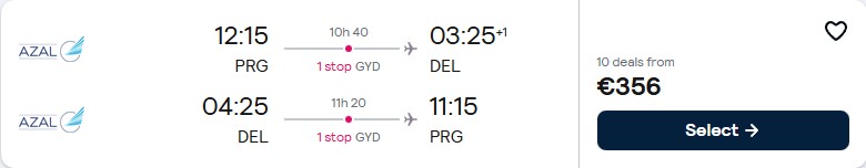 Click here to book this cheap flight deal. Cheap flights from Prague, Czech Republic to Delhi, India for only €356 roundtrip. Flight deal ticket image.