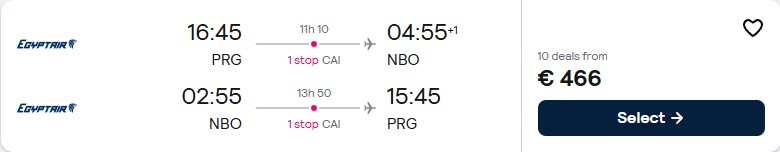 Cheap flights from Prague, Czech Republic to Nairobi, Kenya for only €466 roundtrip. Flight deal ticket image.