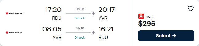 Non-stop flights from Raleigh, North Carolina to Vancouver, Canada for only $296 roundtrip with Air Canada. Flight deal ticket image.