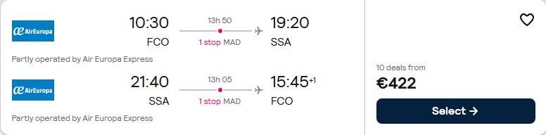 Click here to book this cheap flight deal. Cheap flights from Rome, Italy to Salvador, Brazil for only €422 roundtrip with Air Europa. Flight deal ticket image.