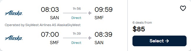 Click here to book this cheap flight deal. Non-stop flights from San Diego to Sacramento, California for only $76 roundtrip with Alaska Airlines. Also works in reverse. Flight deal ticket image.