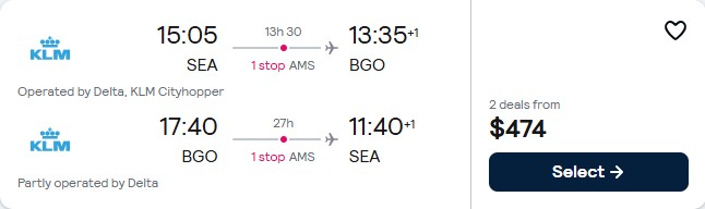 Cheap flights from Seattle to Bergen, Norway for only $474 roundtrip with Delta Air Lines and KLM. Flight deal ticket image.