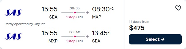 Summer flights from Seattle to Milan, Italy for only $477 roundtrip with Scandinavian Airlines. Flight deal ticket image.