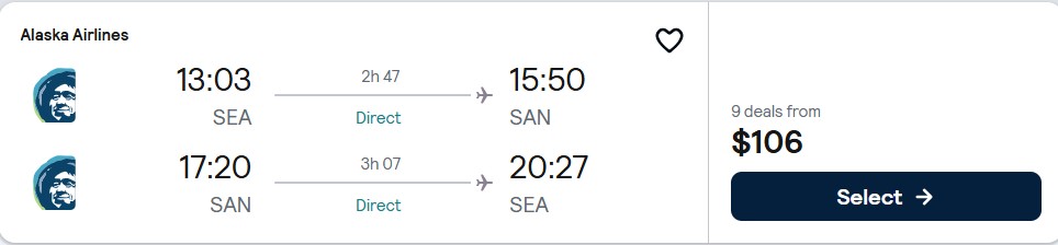 Non-stop flights from Seattle to San Diego for only $106 roundtrip with Alaska Airlines. Also works in reverse. Flight deal ticket image.
