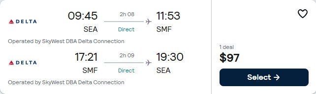 Click here to book this cheap flight deal. Non-stop flights from Seattle to Sacramento, California for only $97 roundtrip with Delta Air Lines. Also works in reverse. Flight deal ticket image.
