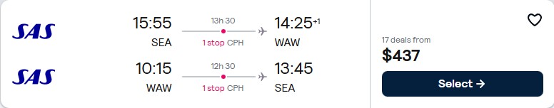Cheap flights from Seattle to Warsaw, Poland for only $437 roundtrip with Scandinavian Airlines. Flight deal ticket image.