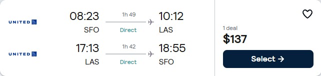 Click here to book this cheap flight deal. Non-stop flights from San Francisco to Las Vegas for only $137 roundtrip with United Airlines. Also works in reverse. Flight deal ticket image.