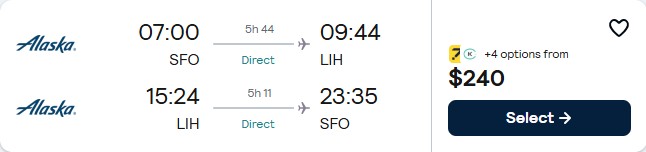 Non-stop flights from San Francisco to Lihue, Hawaii for only $240 roundtrip with Alaska Airlines. Also works in reverse. Flight deal ticket image.