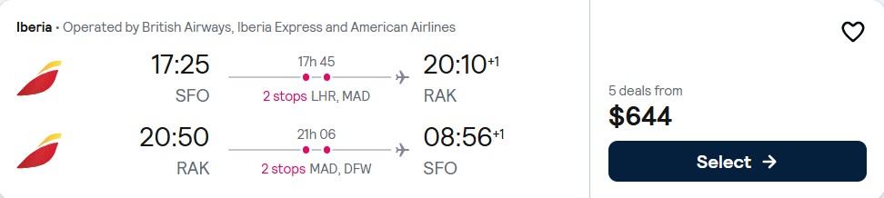 Cheap flights from San Francisco to Marrakesh, Morocco for only $644 roundtrip with British Airways, Iberia and American Airlines. Flight deal ticket image.