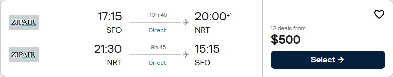 Click here to book this cheap flight deal. Non-stop, summer flights from San Francisco to Tokyo, Japan for only $500 roundtrip. Flight deal ticket image.