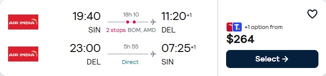 Cheap flights from Singapore to Delhi, India for only $264 USD roundtrip. Flight deal ticket image.