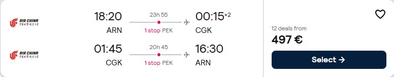 Click here to book this cheap flight deal. Cheap flights from Stockholm, Sweden to Jakarta, Indonesia for only €496 roundtrip. Flight deal ticket image.