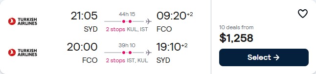Cheap flights from Sydney, Australia to Rome, Italy for only $1258 AUD roundtrip with Turkish Airlines. Flight deal ticket image.