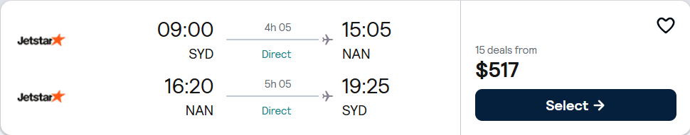 Non-stop, New Year flights from Sydney, Australia to Fiji for only $517 AUD roundtrip with Jetstar. Flight deal ticket image.