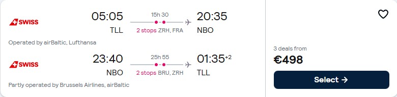 Cheap flights from Tallinn, Estonia to Nairobi, Kenya for only €495 roundtrip with Lufthansa, Brussels Airlines and Swiss International Air Lines. Flight deal ticket image.