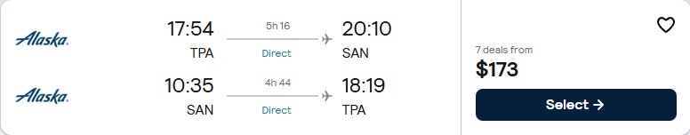 Click here to book this cheap flight deal. Non-stop flights from Tampa, Florida to San Diego for only $173 roundtrip with Alaska Airlines. Also works in reverse. Flight deal ticket image.