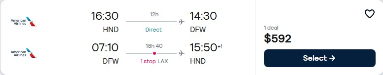 Cheap flights from Tokyo, Japan to Dallas, Texas for only $592 USD roundtrip with American Airlines. Flight deal ticket image.