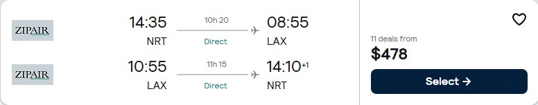 Non-stop flights from Tokyo, Japan to Los Angeles, USA for only $475 USD roundtrip. Flight deal ticket image.
