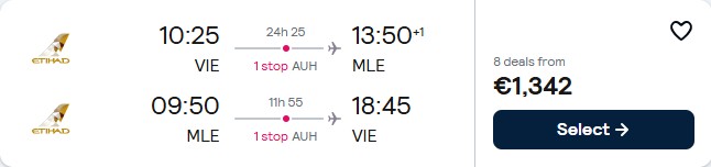 Business Class flights from European cities to the Maldives from only €1342 roundtrip with Etihad Airways. Flight deal ticket image.