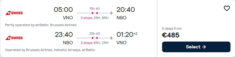 Click here to book this cheap flight deal. Cheap flights from Vilnius, Lithuania to Nairobi, Kenya for only €487 roundtrip with Swiss International Air Lines and Brussels Airlines. Flight deal ticket image.