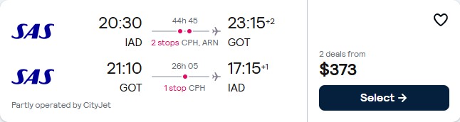 Cheap flights from Washington DC to Gothenburg, Sweden for only $373 roundtrip with Scandinavian Airlines. Flight deal ticket image.
