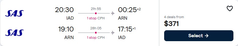 Click here to book this cheap flight deal. Cheap flights from Washington DC to Stockholm, Sweden for only $371 roundtrip with Scandinavian Airlines. Flight deal ticket image.