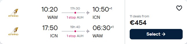 Cheap flights from Warsaw, Poland to Seoul, South Korea for only €454 roundtrip with Etihad Airways. Flight deal ticket image.