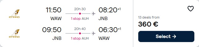Cheap flights from European cities to Johannesburg, South Africa from only €360 roundtrip with Etihad Airways. Flight deal ticket image.