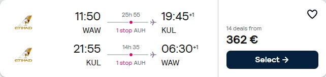 Cheap flights from European cities to Kuala Lumpur, Malaysia from only €362 roundtrip with Etihad Airways. Flight deal ticket image.