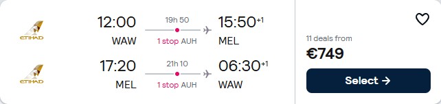 Click here to book this cheap flight deal. Cheap flights from Warsaw, Poland to Melbourne or Sydney, Australia from only €749 roundtrip with Etihad Airways. Flight deal ticket image.