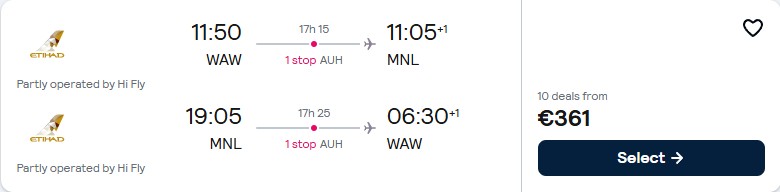 Click here to book this cheap flight deal. Cheap flights from Warsaw, Poland to Manila, Philippines for only €361 roundtrip with Etihad Airways. Flight deal ticket image.