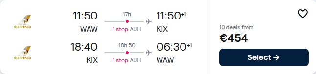Summer flights from Warsaw, Poland to Osaka, Japan for only €454 roundtrip with Etihad Airways. Flight deal ticket image.