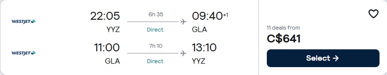 Non-stop flights from Toronto, Canada to Glasgow, Scotland for only $625 CAD roundtrip. Flight deal ticket image.