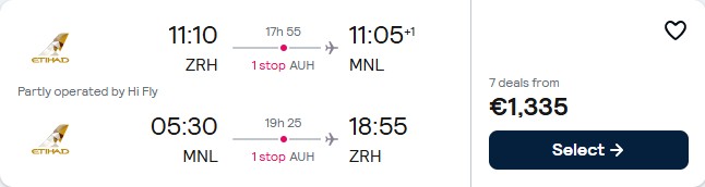 Click here to book this cheap flight deal. Business Class flights from European cities to East Asia from only €1335 roundtrip with Etihad Airways. Flight deal ticket image.