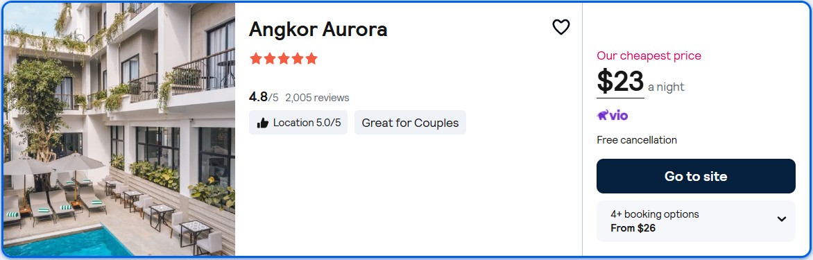 Stay at the 5* Angkor Aurora in Siem Reap, Cambodia for only $23 USD per night. Flight deal ticket image.