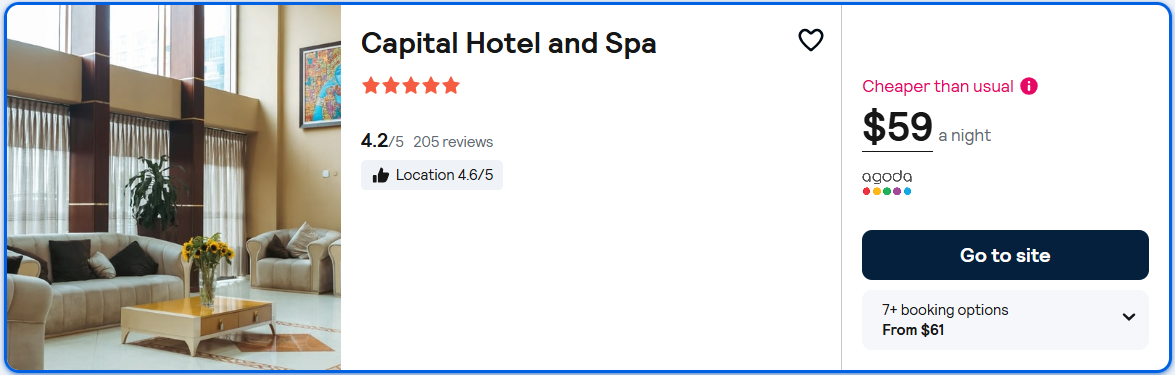 Click here to book this cheap flight deal. Stay at the 5* Capital Hotel and Spa in Addis Ababa, Ethiopia for only $59 USD per night. Flight deal ticket image.