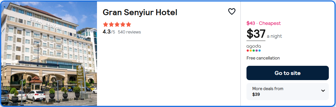 Click here to book this cheap flight deal. Stay at the 5* Gran Senyiur Hotel in Balikpapan, Indonesia for only $37 USD per night. Flight deal ticket image.
