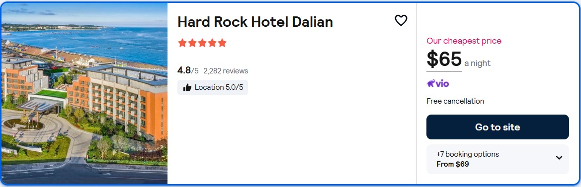 Click here to book this cheap flight deal. Stay at the 5* Hard Rock Hotel Dalian in Dalian, China for only $65 USD per night. Flight deal ticket image.