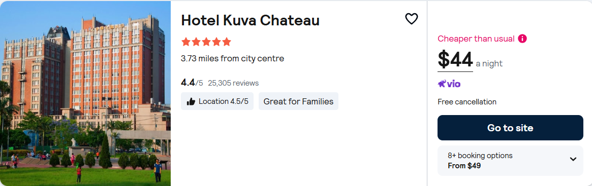 Click here to book this cheap flight deal. Stay at the 5* Hotel Kuva Chateau in Taoyuan City, Taiwan for only $44 USD per night. Flight deal ticket image.