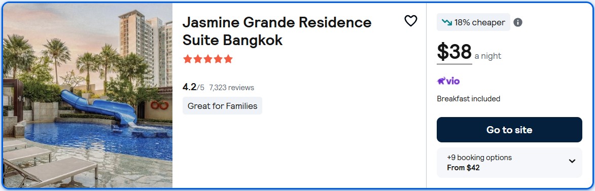 Click here to book this cheap flight deal. Stay at the 5* Jasmine Grande Residence Suite Bangkok in Bangkok, Thailand for only $38 USD per night. Flight deal ticket image.