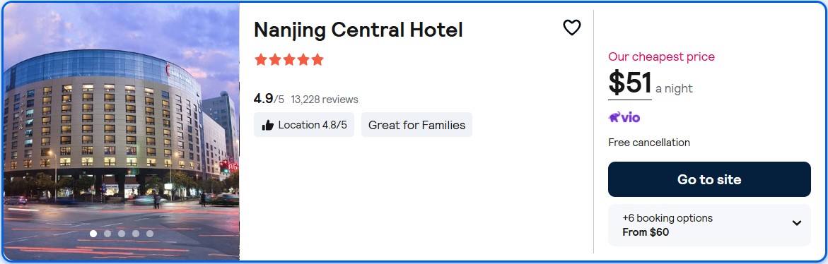 Click here to book this cheap flight deal. Stay at the 5* Nanjing Central Hotel in Nanjing, China for only $51 USD per night. Flight deal ticket image.