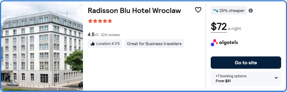 Stay at the 5* Radisson Blu Hotel Wroclaw in Wroclaw, Poland for only $72 USD per night. Flight deal ticket image.