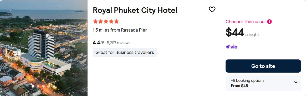 Click here to book this cheap flight deal. Stay at the 5* Royal Phuket City Hotel in Phuket, Thailand for only $44 USD per night. Flight deal ticket image.