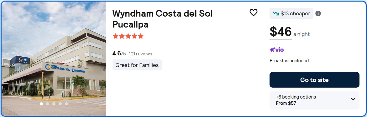Stay at the 5* Wyndham Costa del Sol Pucallpa in Pucallpa, Peru for only $46 USD per night. Flight deal ticket image.