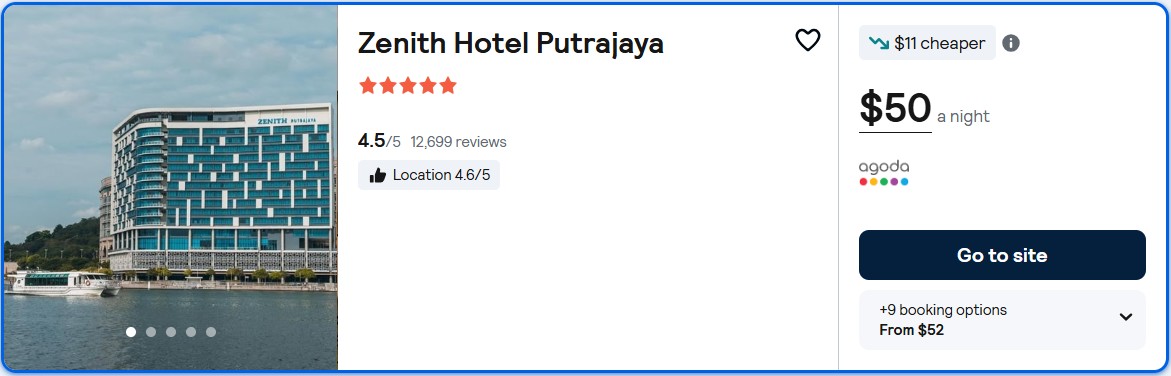 Click here to book this cheap flight deal. Stay at the 5* Zenith Hotel Putrajaya in Kuala Lumpur, Malaysia for only $50 USD per night. Flight deal ticket image.