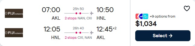 Summer flights from Auckland, New Zealand to Honolulu, Hawaii for only $1034 NZD roundtrip with Fiji Airways. Flight deal ticket image.