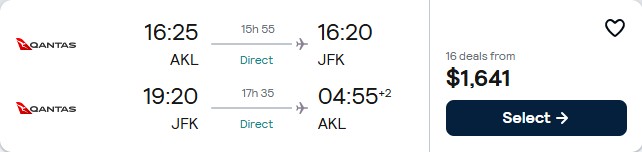Non-stop, summer flights from Auckland, New Zealand to New York, USA for only $1641 NZD roundtrip with Qantas. Flight deal ticket image.